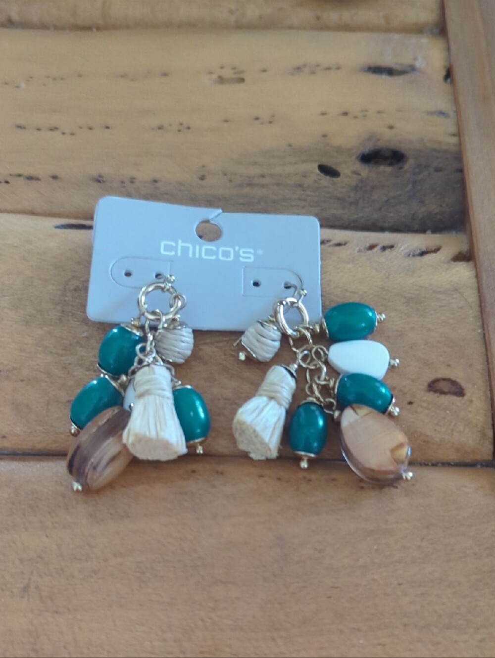 Chico's Teal, White and Natural Tassel Cluster Dangle Earrings